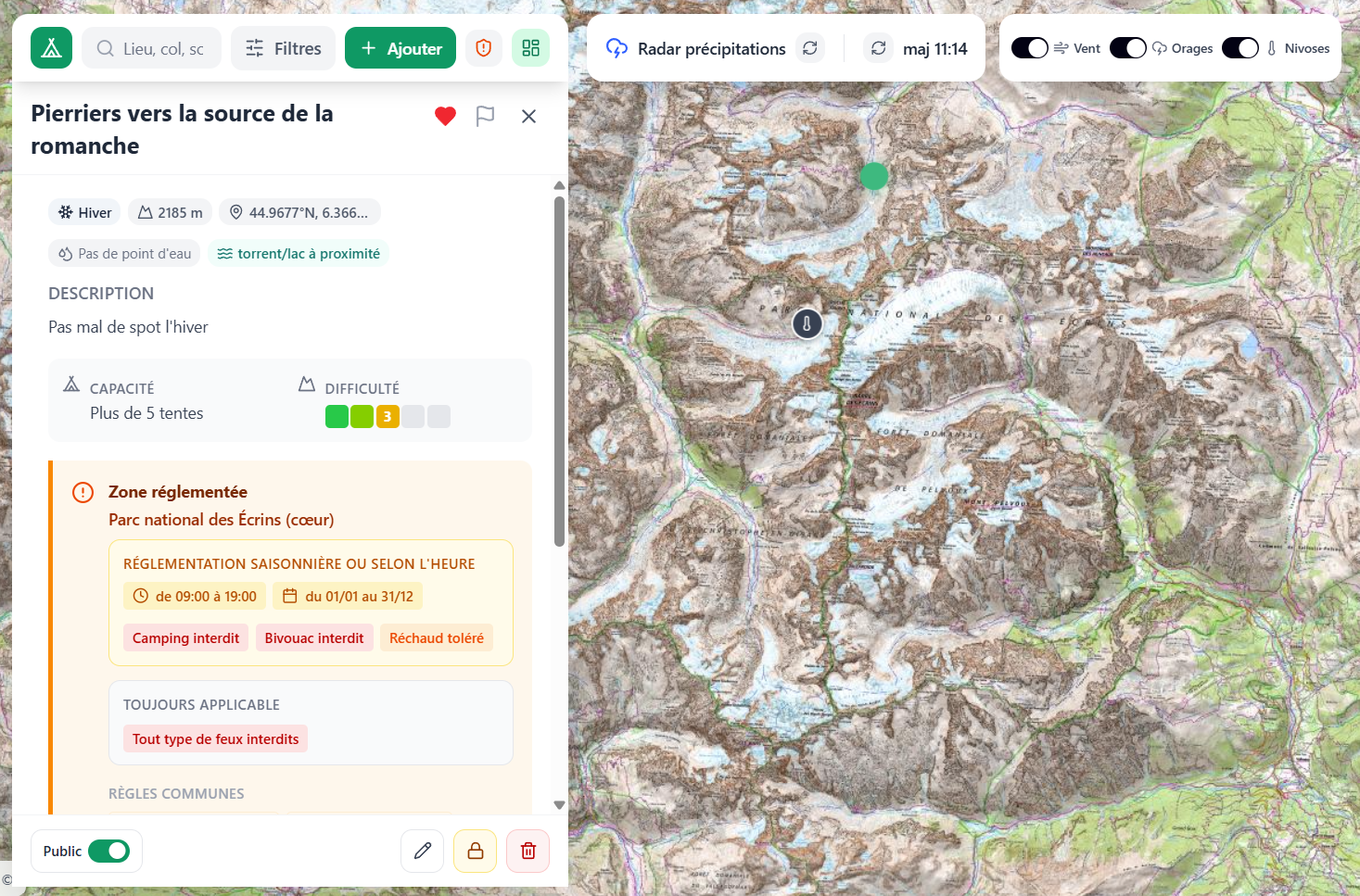Bivouac application, map of the Écrins area with regulated zones displayed as a layer
