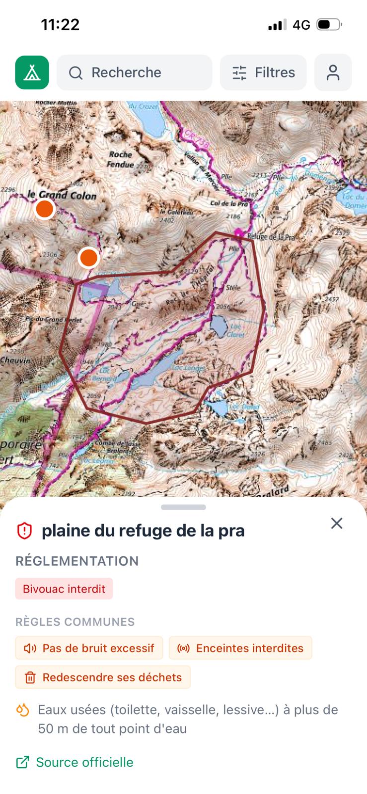 Bivouac application, detail panel of a regulated zone showing restrictions and the official source