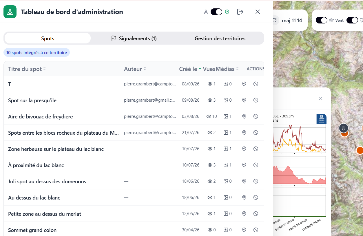 Bivouac administration interface used by land managers to define their own regulated zones