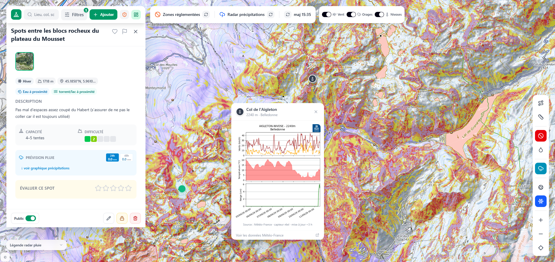 Bivouac application, winter view with the slope layer, a spot marked for winter conditions, and the nearest nivose reading
