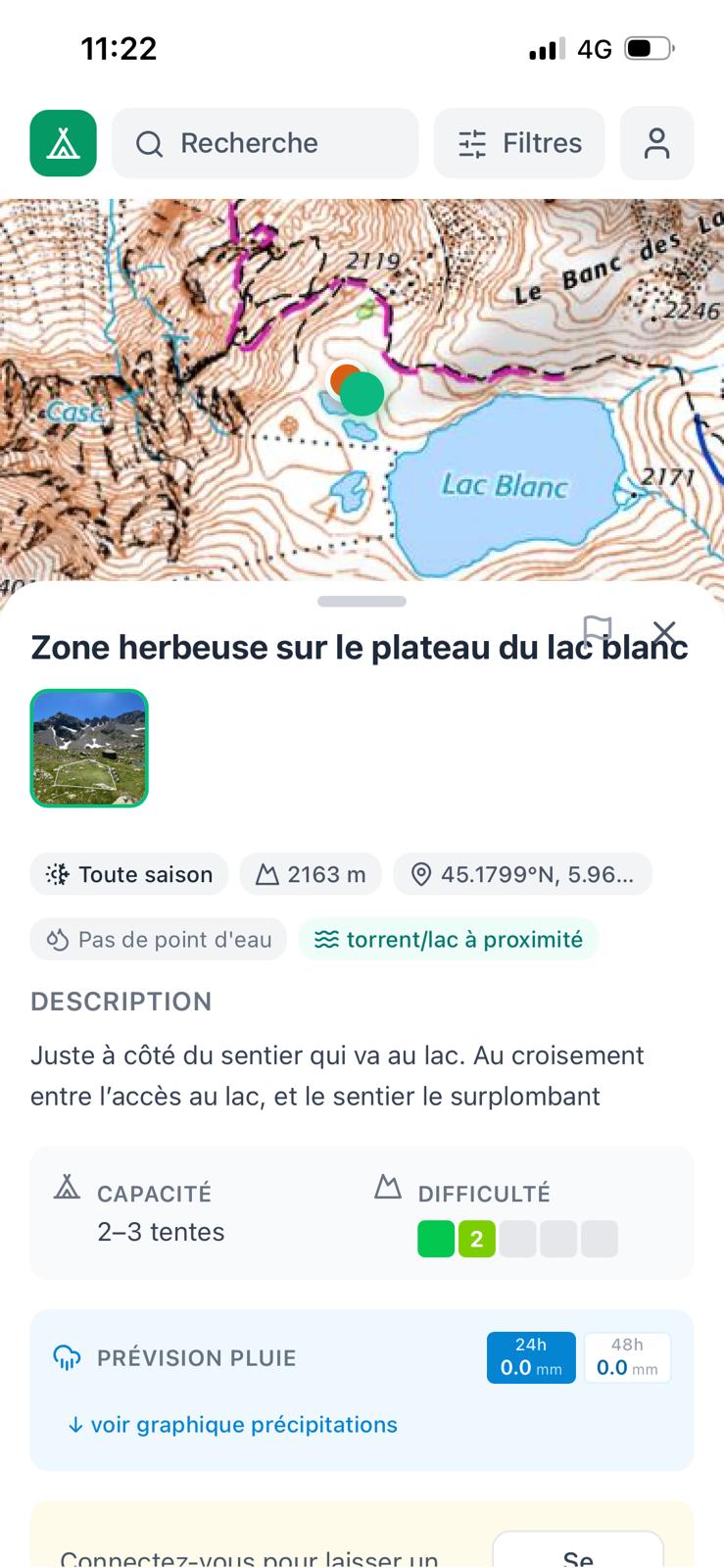 Bivouac application on mobile, detail view of a spot