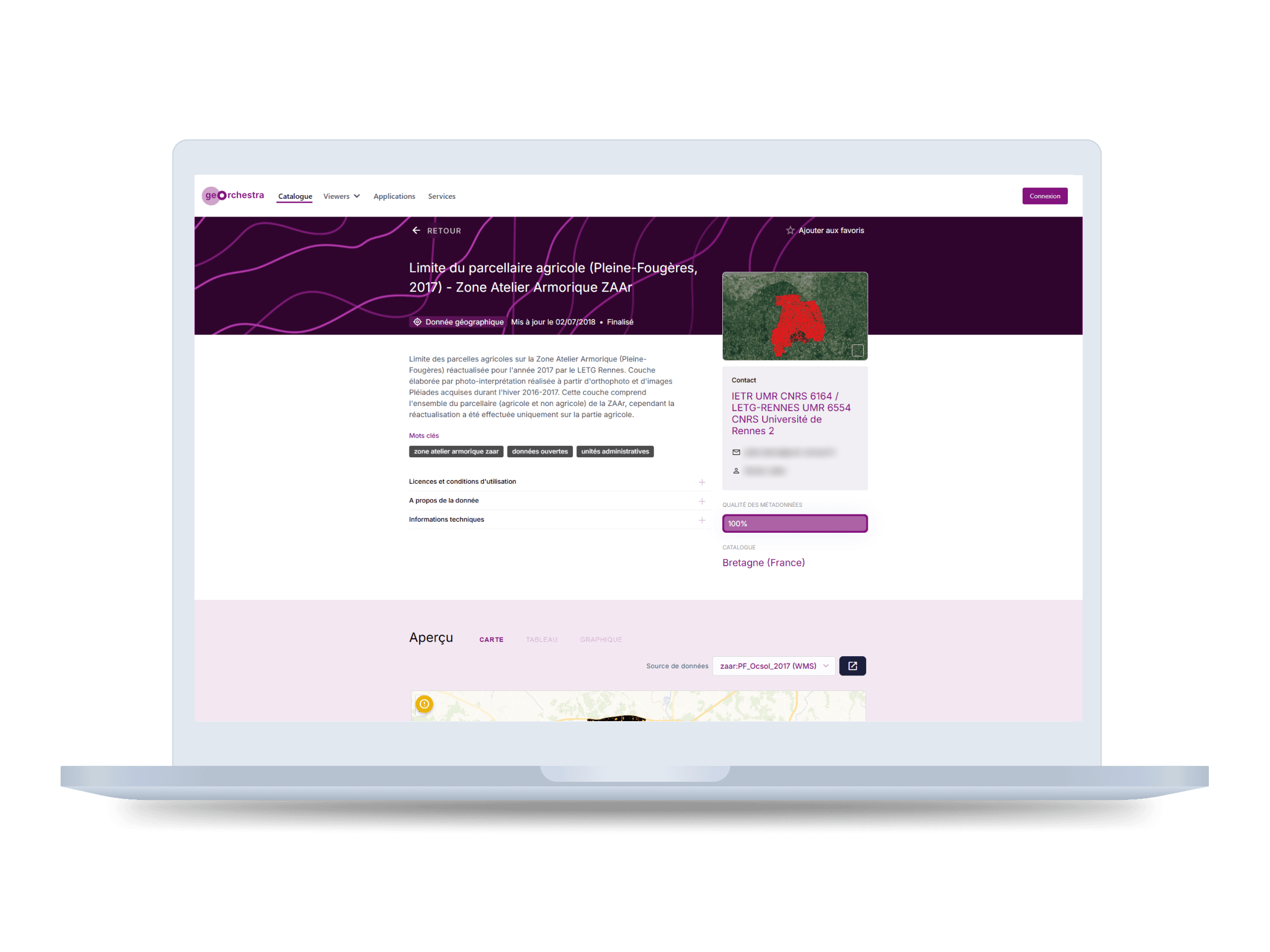 geOrchestra DataHub on a laptop, the page of an agricultural parcel dataset in Brittany with its description, keywords, map thumbnail, contact card and metadata quality score