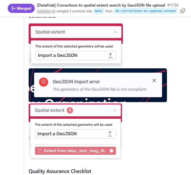 Merged GitHub pull request fixing spatial extent search by GeoJSON upload in the DataHub, with screenshots of the import field, the error shown for a non-compliant geometry and the extent once applied