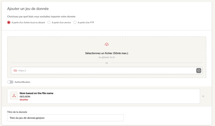 Dataset ingestion form: a choice of source between file, service and FTP, a drop zone or URL field, then the detected GeoJSON file and the dataset title