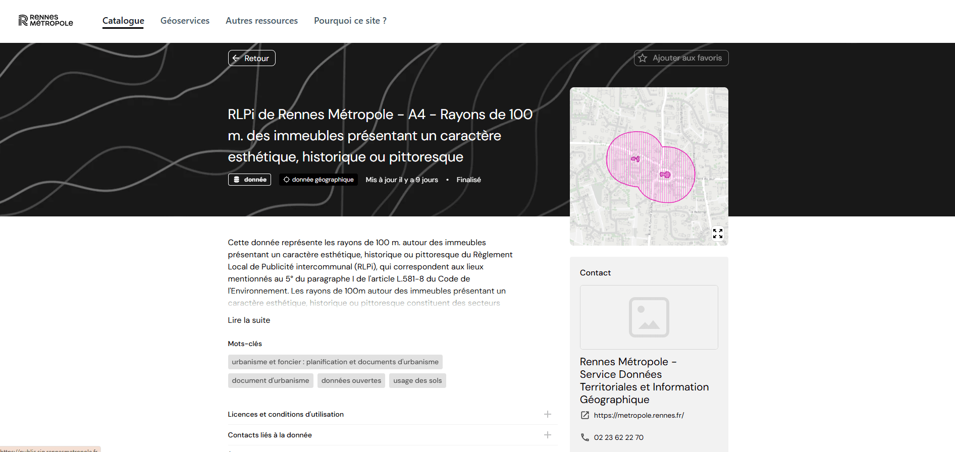 DataHub themed for Rennes Métropole, a dark header with contour lines above an urban planning dataset and its map thumbnail