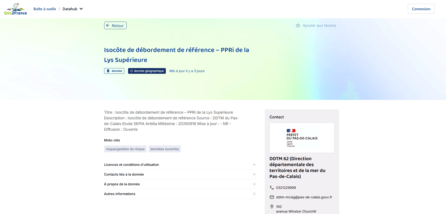 Géo2France DataHub, a flood risk dataset page under a pastel gradient header