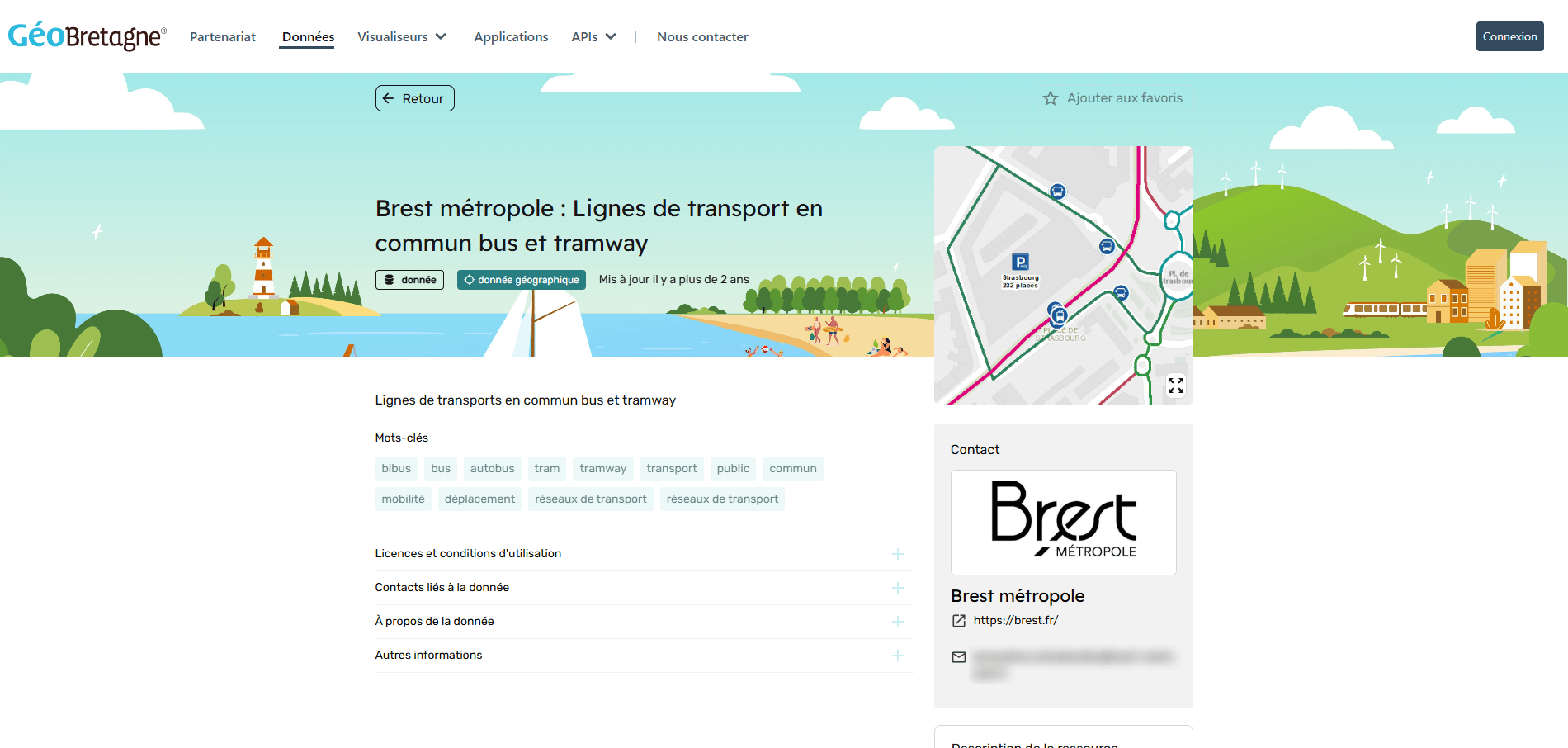 GéoBretagne DataHub, Brest métropole's bus and tram lines dataset under an illustrated header of the Breton coast