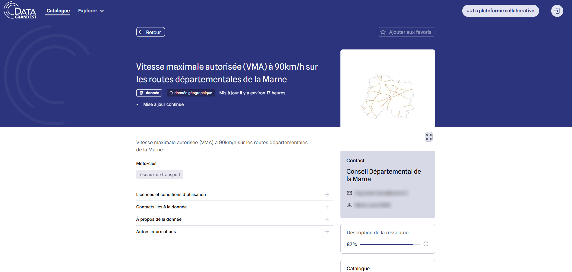 DataGrandEst DataHub, a dataset of speed limits on the Marne's departmental roads under a navy header, with a description completeness score