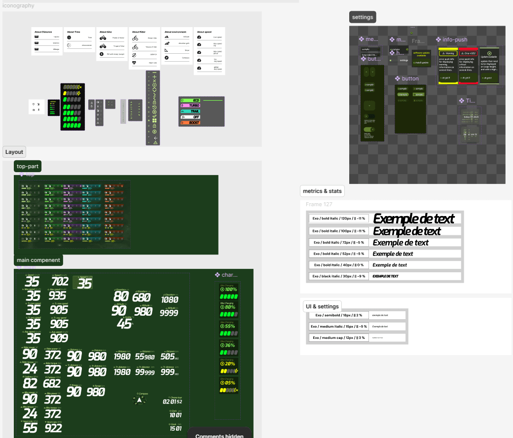 Aventon UI design system board — icons, layout and settings specs
