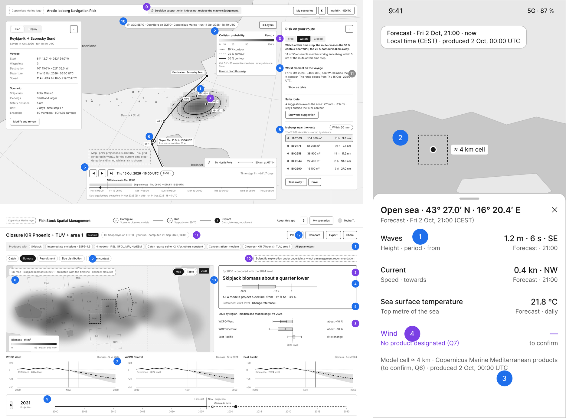 Three wireframes. The iceberg application's risk map with a free, watch and closed scale and the 10, 25 and 50 % probability contours. The fisheries results with skipjack biomass about a quarter lower by 2050, a range from −38 to −12 % and all four models projecting a decline. A phone screen with waves, current and temperature at a point, and the model cell of about 4 km drawn around it