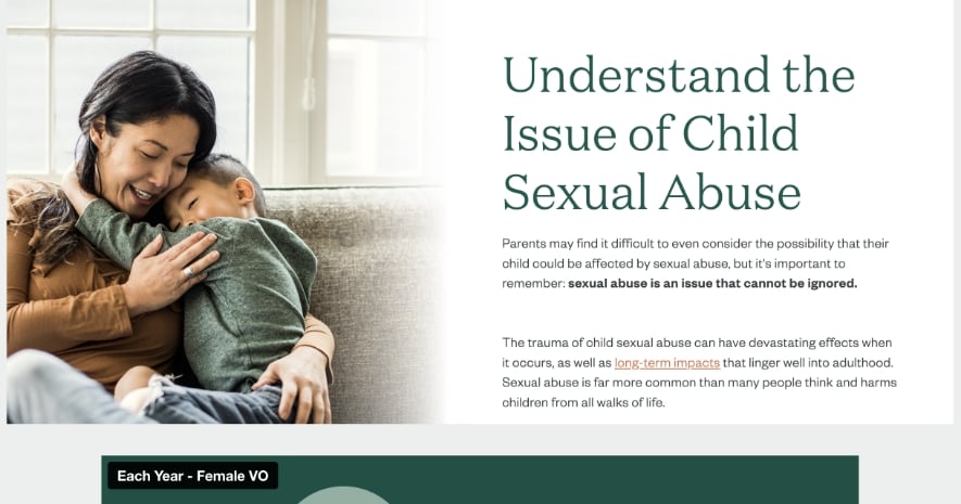saprea.org page header, 'Understand the Issue of Child Sexual Abuse', with a mother comforting her child