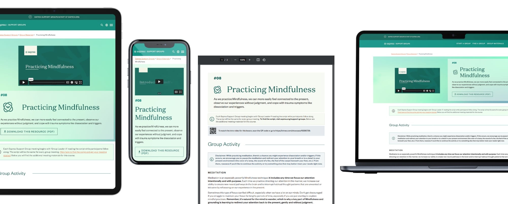 Support Groups platform lesson page, 'Practicing Mindfulness', shown on tablet, phone, PDF and laptop