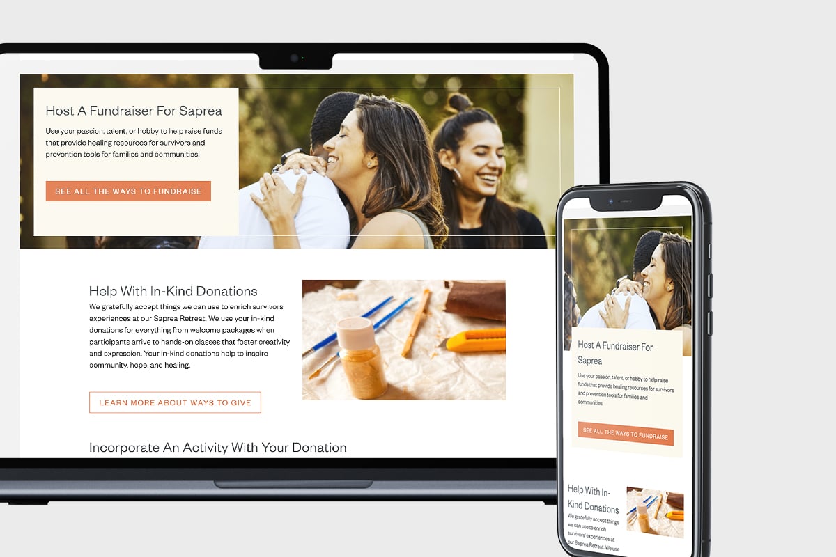 saprea.org fundraising page shown on desktop and mobile