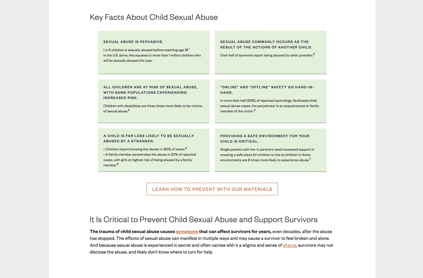 'Key Facts About Child Sexual Abuse' educational page, leading into prevention resources