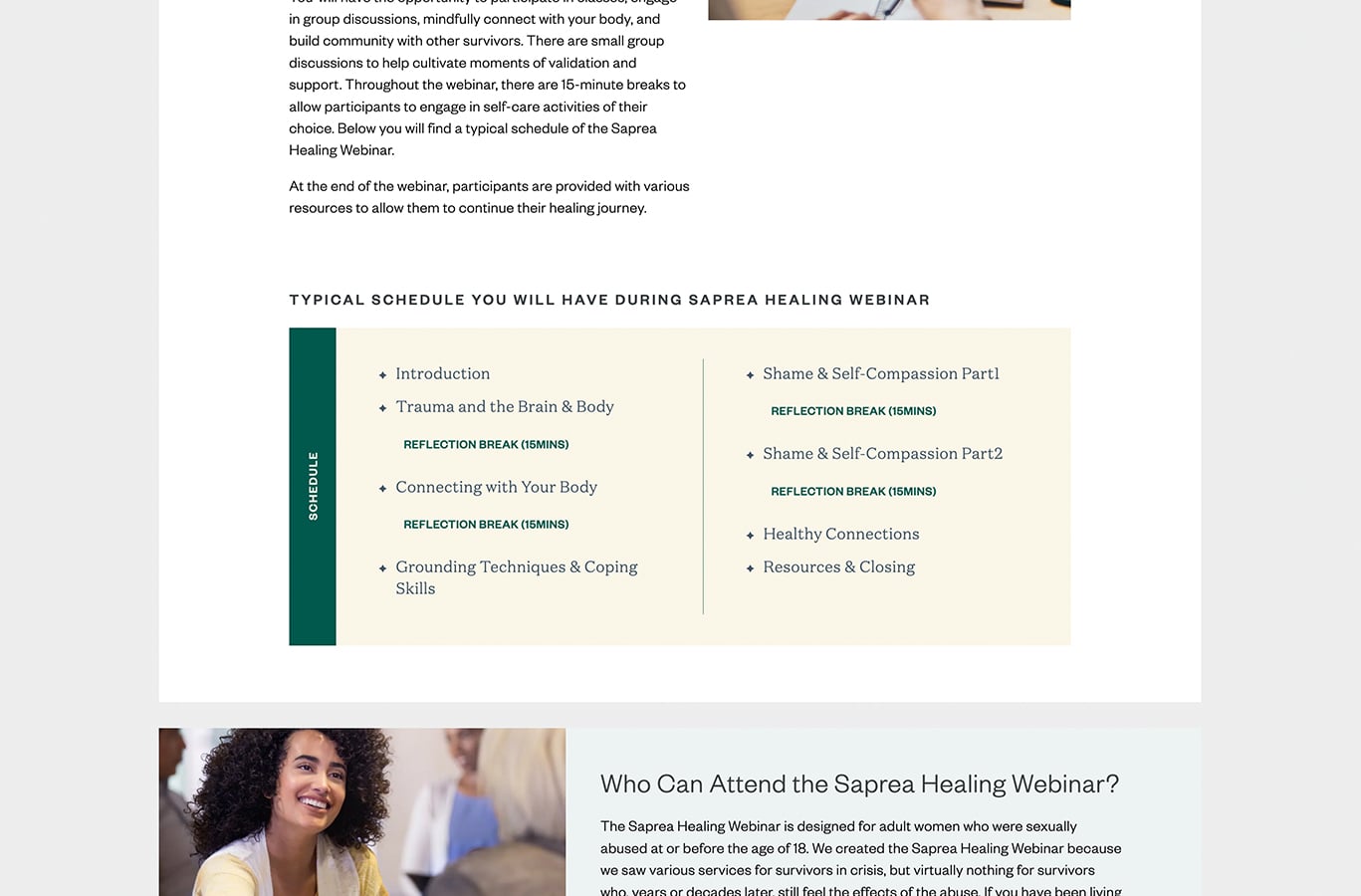 'Typical Schedule You Will Have During Saprea Healing Webinar', a timed programme with reflection breaks between sections