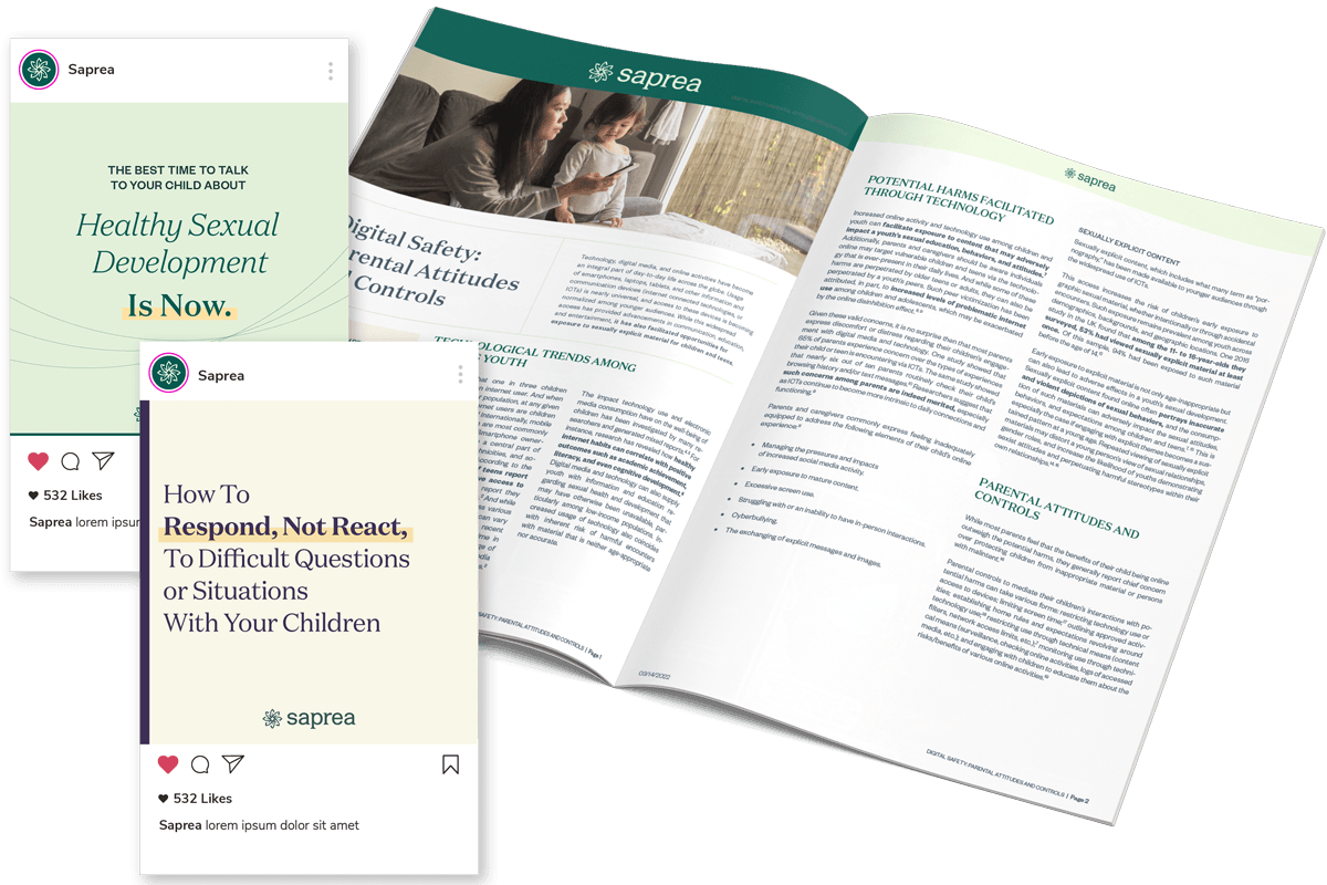 Printed research report open to 'Digital Safety: Parental Attitudes and Controls', next to matching social media campaign cards