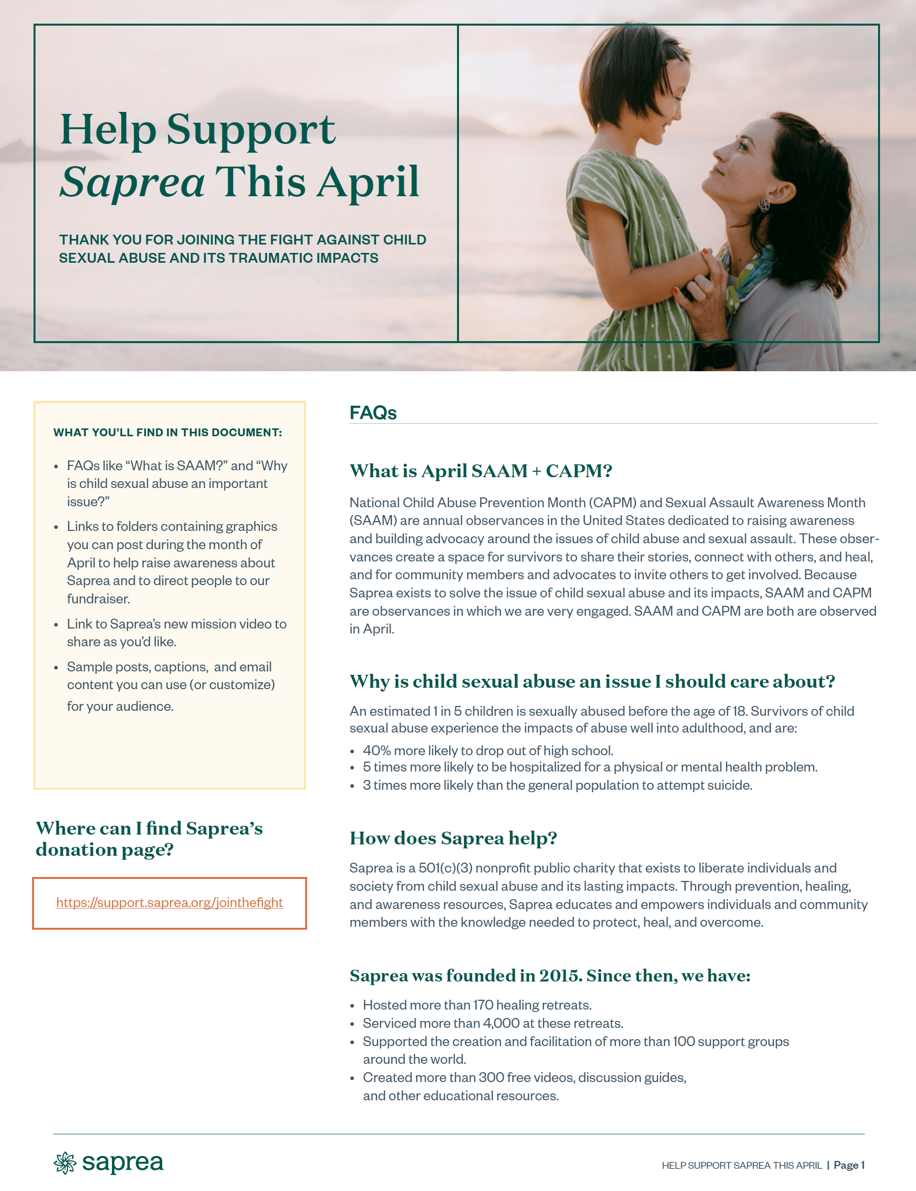 'Help Support Saprea This April' campaign document with FAQs, statistics and a donation link