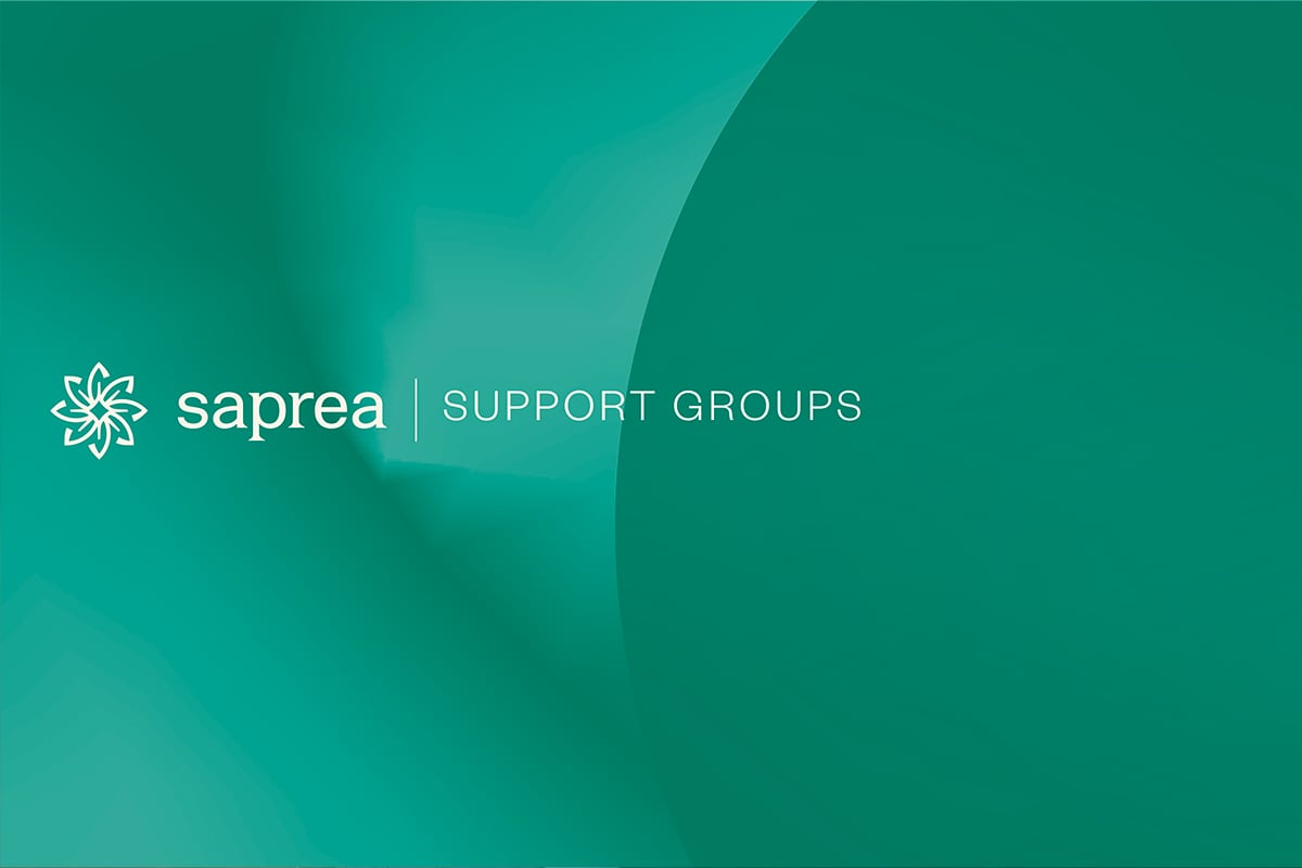 Saprea Support Groups logo lockup on a teal gradient cover