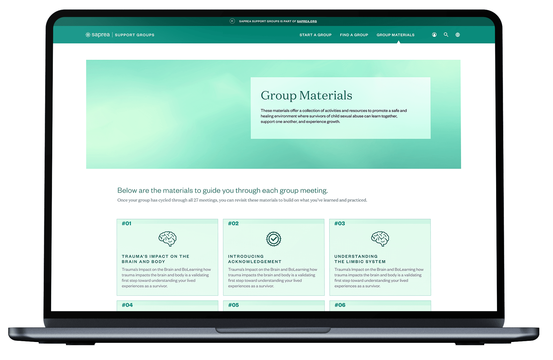 Support Groups platform on a laptop, 'Group Materials' page listing numbered meeting sessions